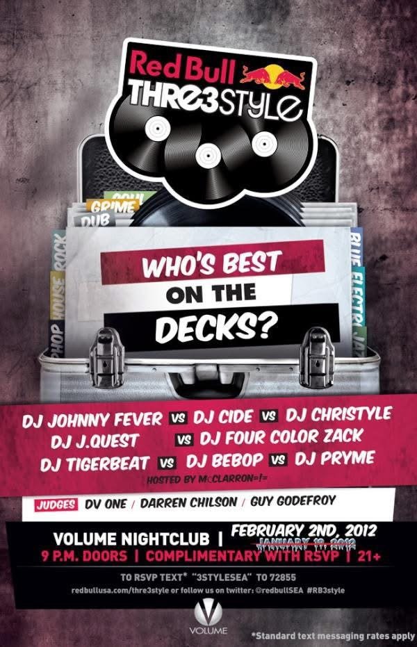 Red Bull Thre3Style 2012 event flyer listing DJ Pryme on the bill at Volume Nightclub